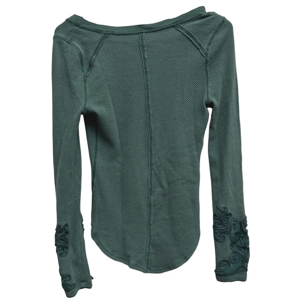 Free People SP Small Petite Thermal Knit Top Green Embroidered Long Sleeve Boho